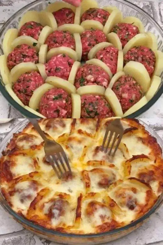 Cheesy Spinach Meatball & Potato Bake Recipe