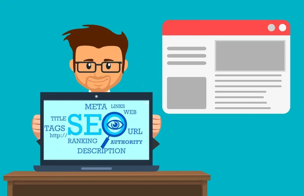 Writing SEO Content Tacoma: Boost Your Online Visibility - A person working on a laptop with SEO-related icons and keywords displayed on the screen
